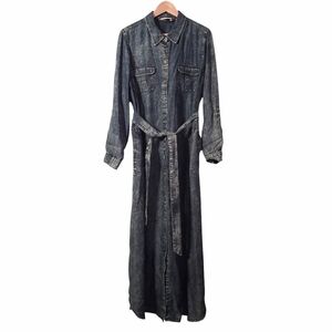 Soft Surroundings Denim Chambray Belted Long Button Front Shirt Dress Maxi XL